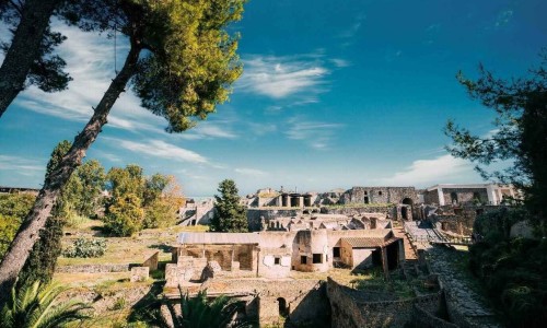 Pompeii ruins on a sunny bright day.